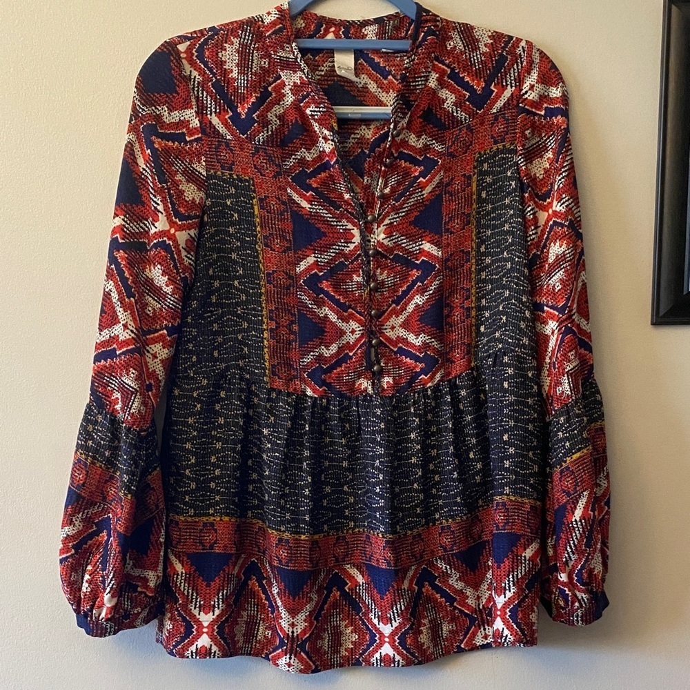 Konrad & Joseph Boho-Style Red & Navy Printed Peasant Top
